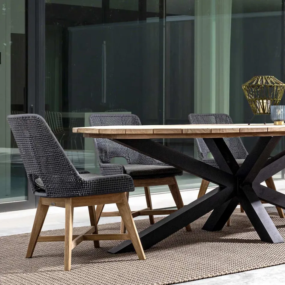 Utomhusfåtölj i trä och rep med kudde, Homemotion, 2 delar - Oskana Viadurini