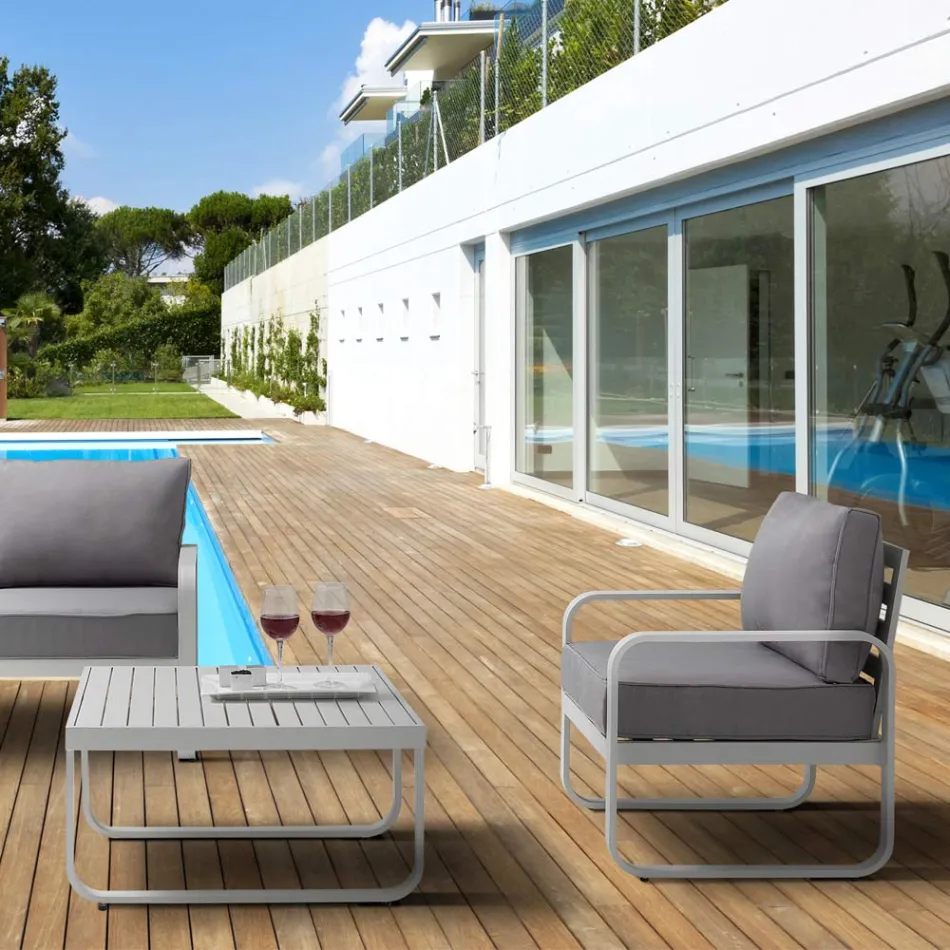 Trädgårdsfåtölj i matt elfenbensvit aluminium och grå kuddar - Avoir Viadurini