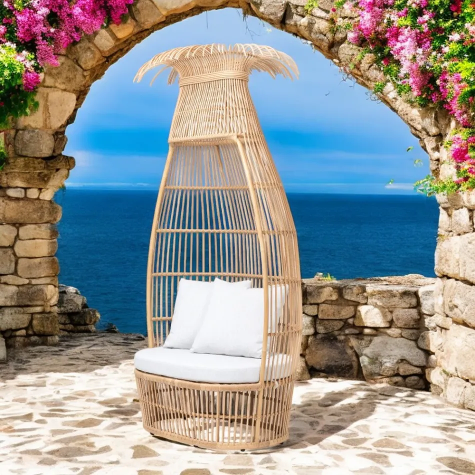 Trädgårdsfåtölj i polyrattanväv med off-white kudde - Anteia Viadurini