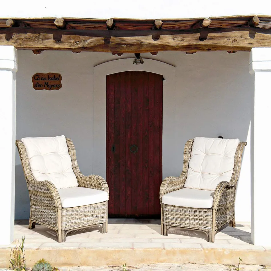 Trädgårdsfåtölj i naturrotting för utomhusbruk med kuddar - Supreme Viadurini