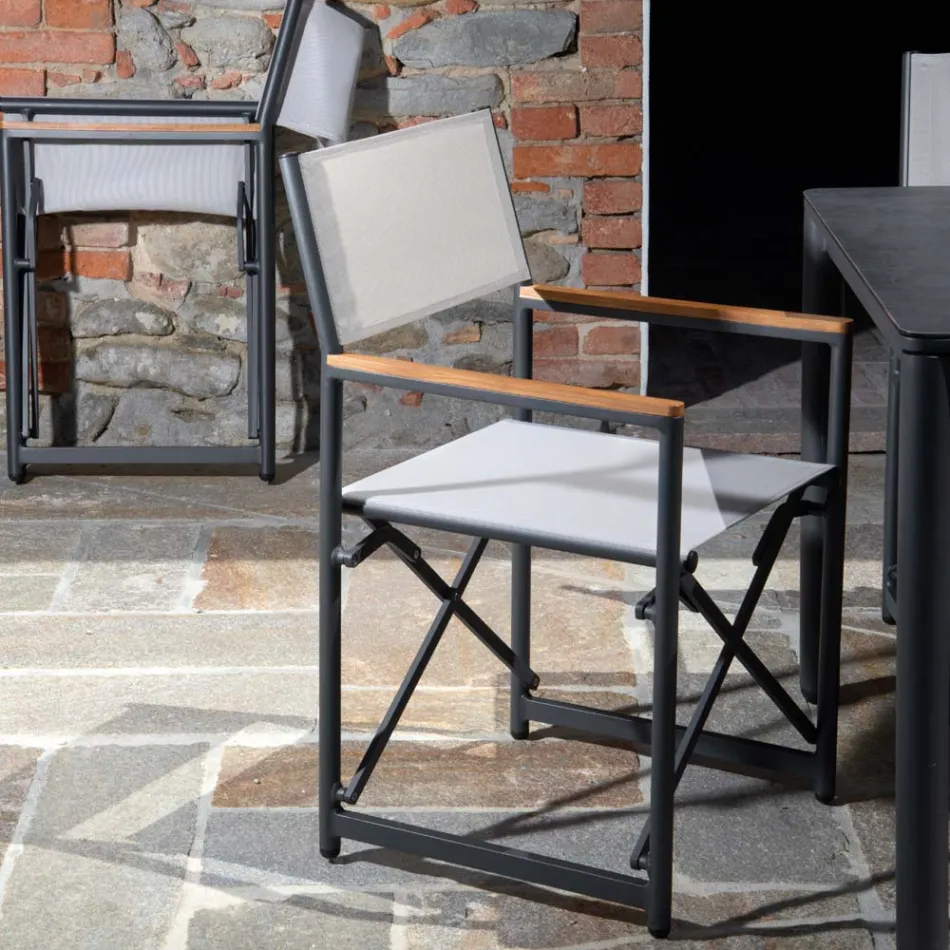 Regissörsstol i aluminium, textilene och armstöd i teak - Tenda Viadurini