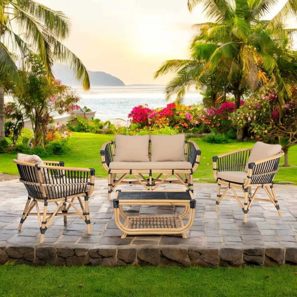 Trädgårdsfåtölj i naturlig rotting med dynor ingår - Catelyn Viadurini