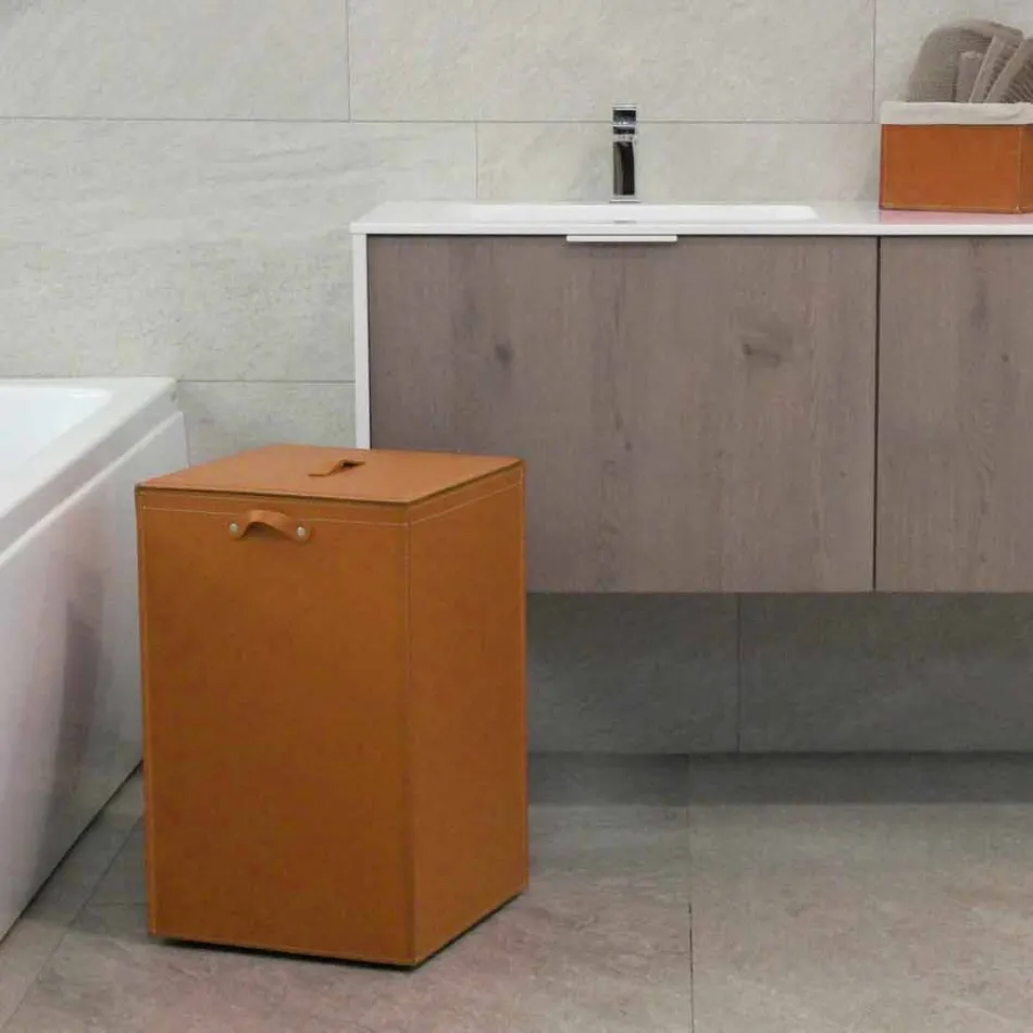 Tvättkorg på en kvadratisk bas Leather David, tillverkad i Italien Viadurini