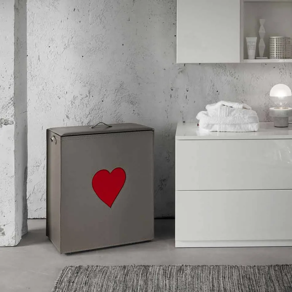 Samtida läder tvättkorg tillverkad i Italien Adele, hjärtinsats Viadurini