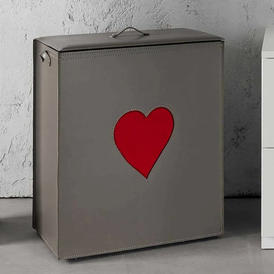 Samtida läder tvättkorg tillverkad i Italien Adele, hjärtinsats Viadurini