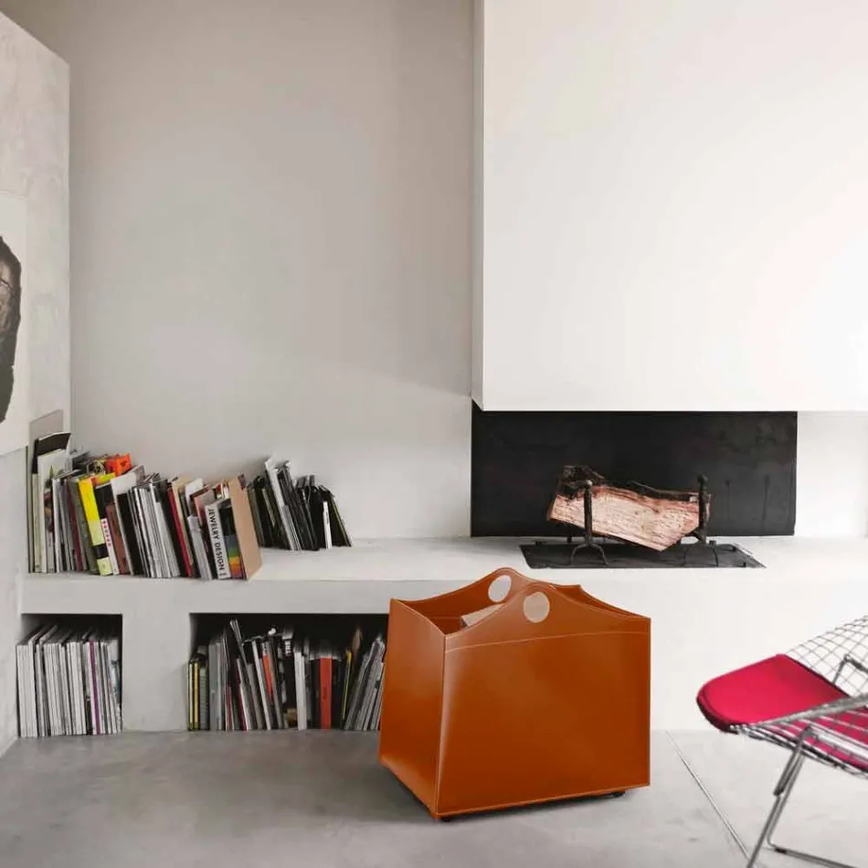 Loghållare i regenererat läder med WoodBag-hjul tillverkat i Italien Viadurini