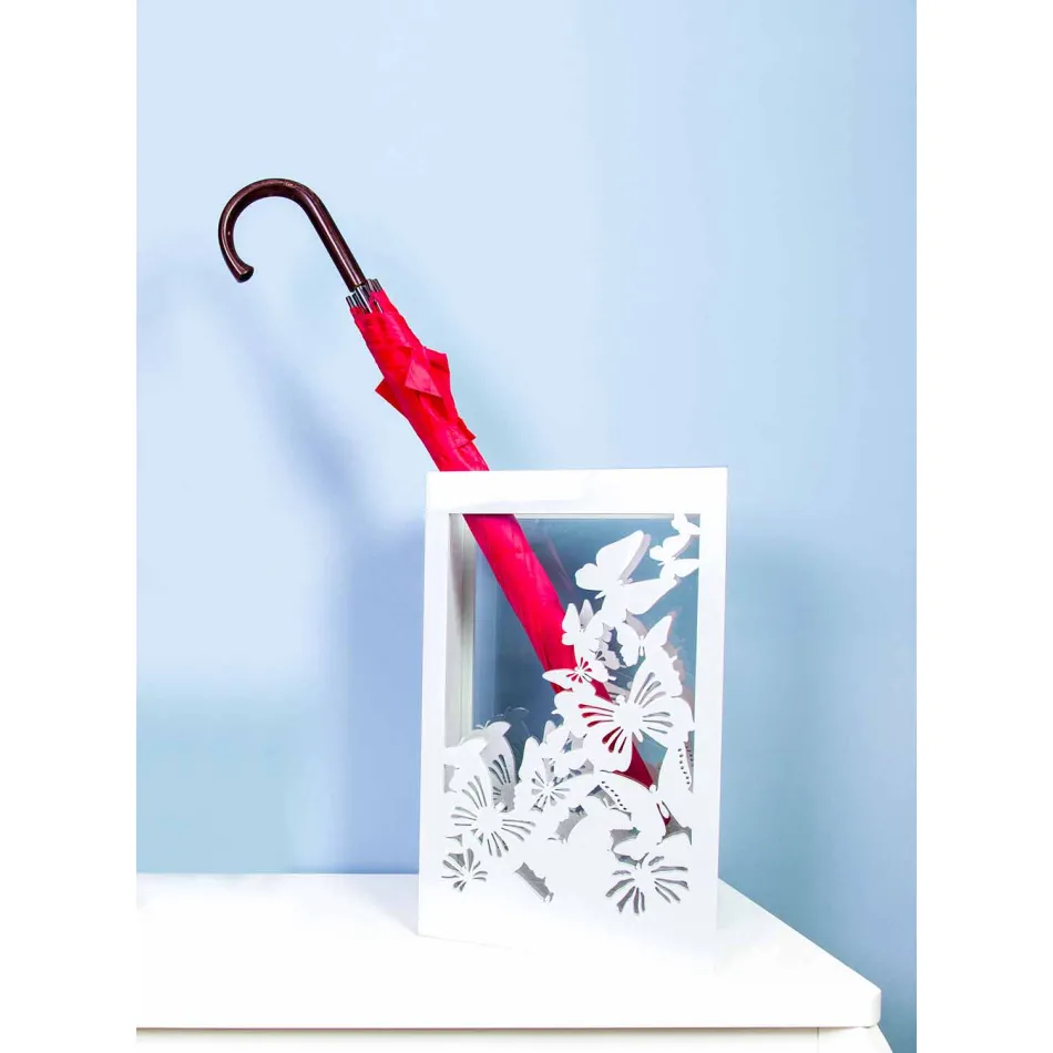 Vitt träparaplystativ med modern design dekorerad med fjärilar - Papilio Viadurini