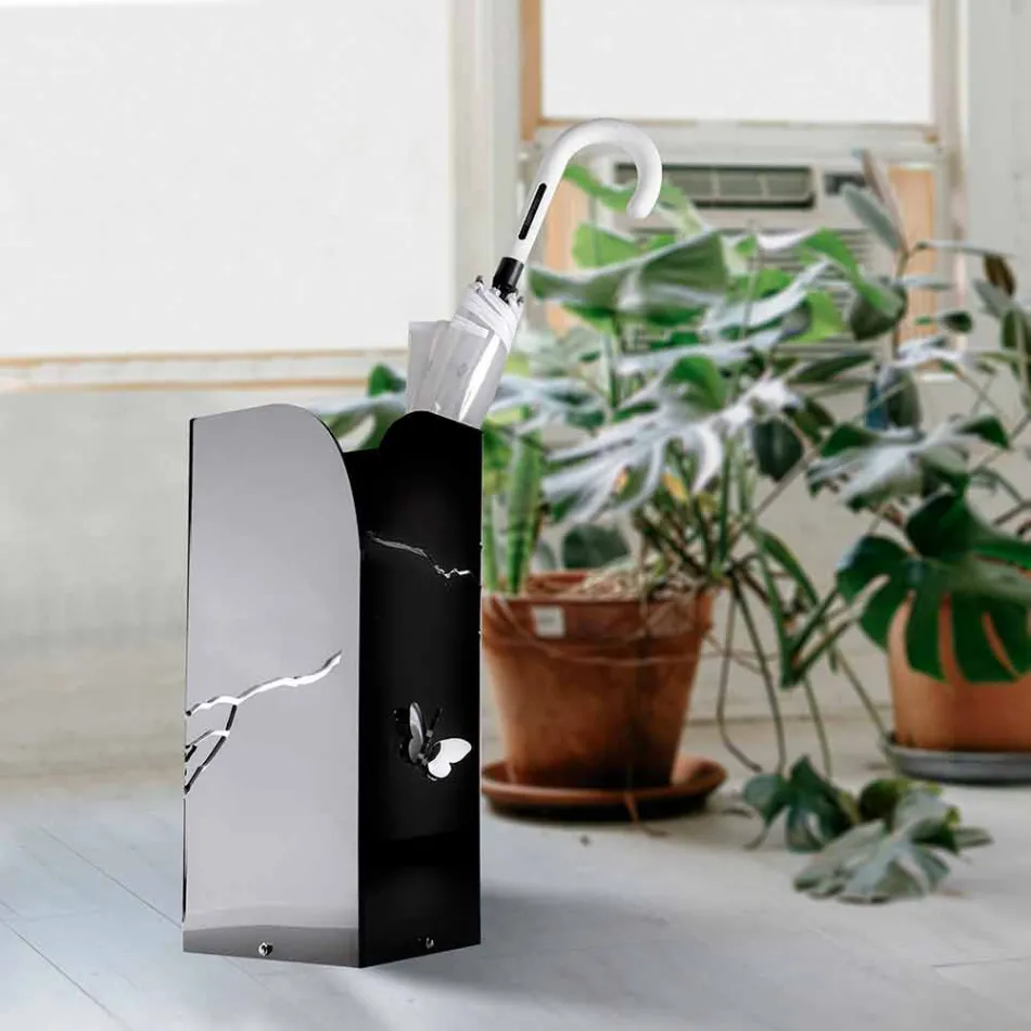 Svart plexiglasparaplyställ med 3D-gravyrer och dekorationer, modern design - Farfo Viadurini