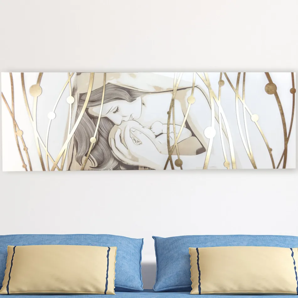 Rektangulär målning gjord med laser med gudinna och barn gjord i Italien - Nagi Viadurini