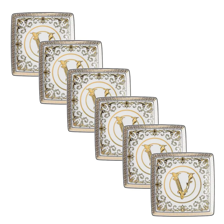 Rosenthal Versace Virtus Gala 6 platta fyrkantiga skålar 15x15 cm i porslin - barock Viadurini