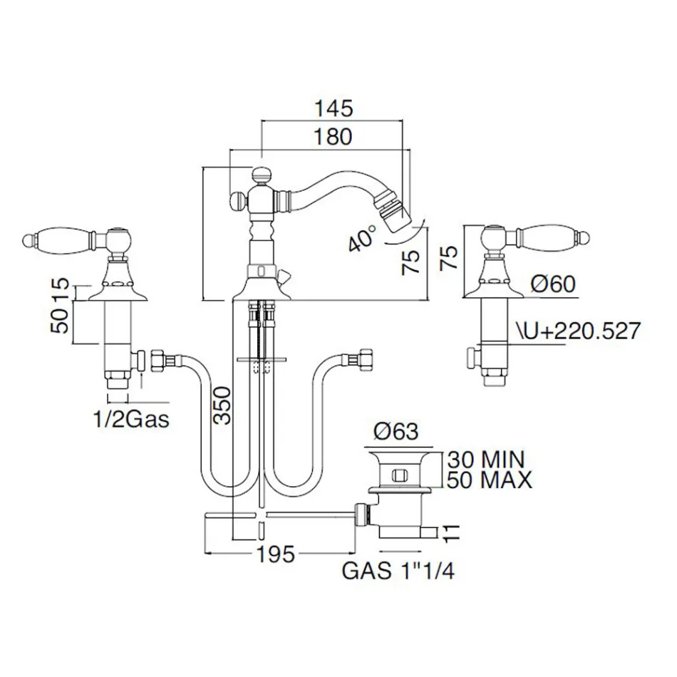 Klassisk 3-håls bidétapp med mässingshandtag Tillverkad i Italien - Noriana Viadurini