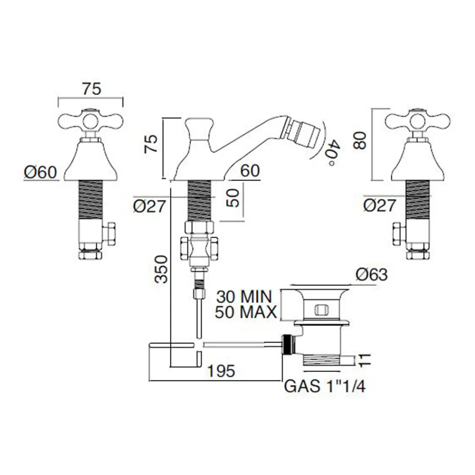 Klassisk 3-håls bidékran med mässingsavfall tillverkad i Italien - Ercolina Viadurini