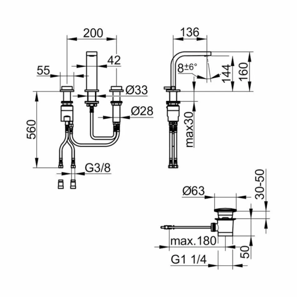 Badrumsblandare för modern design med 3 metallhål - Etto Viadurini