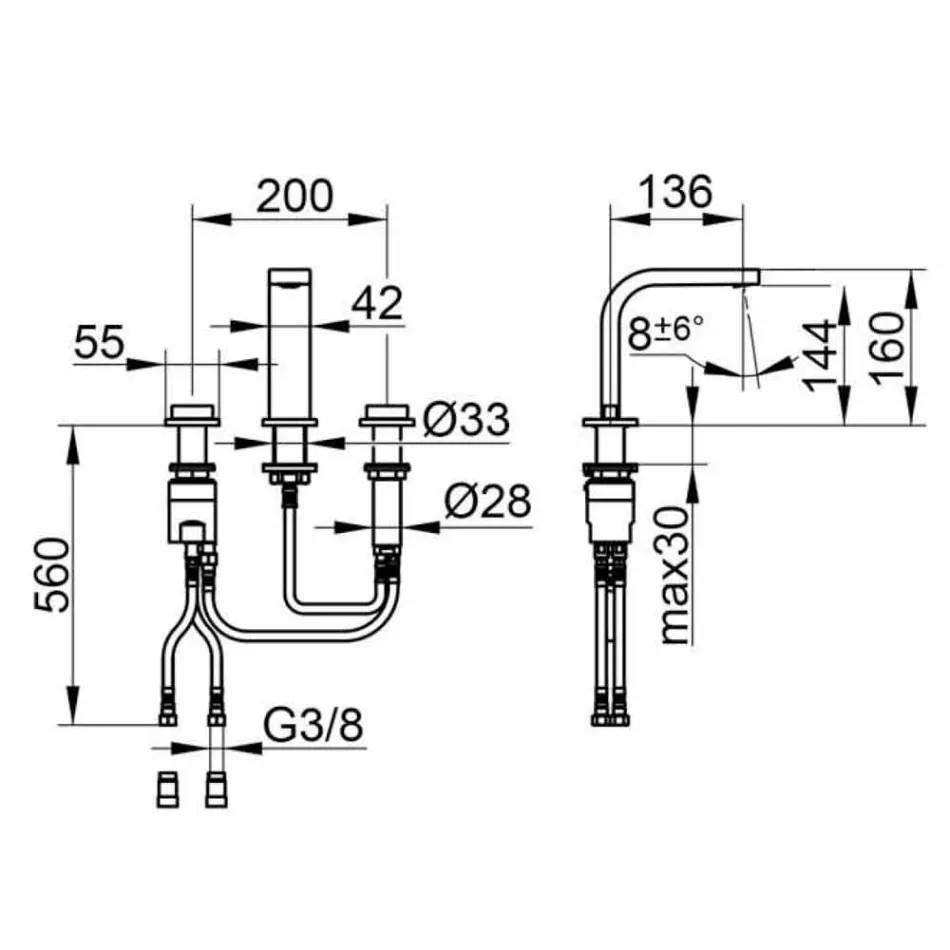 Badrumsblandare för modern design med 3 metallhål - Etto Viadurini