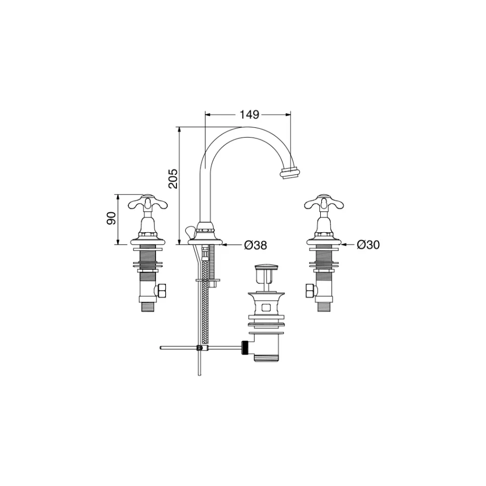 Vintage hög handfatskran i mässing 3 hål tillverkad i Italien - Klarisa Viadurini