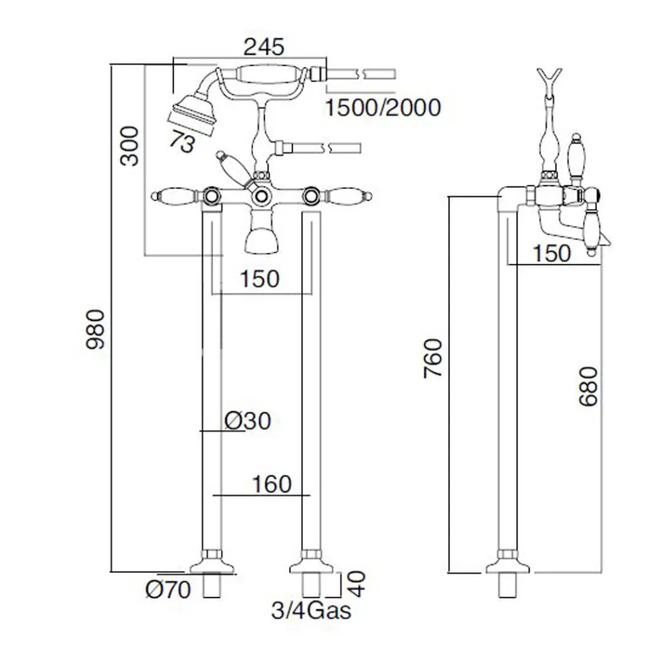 Golvstående badkarskran med handdusch i mässing tillverkad i Italien - Noriana Viadurini
