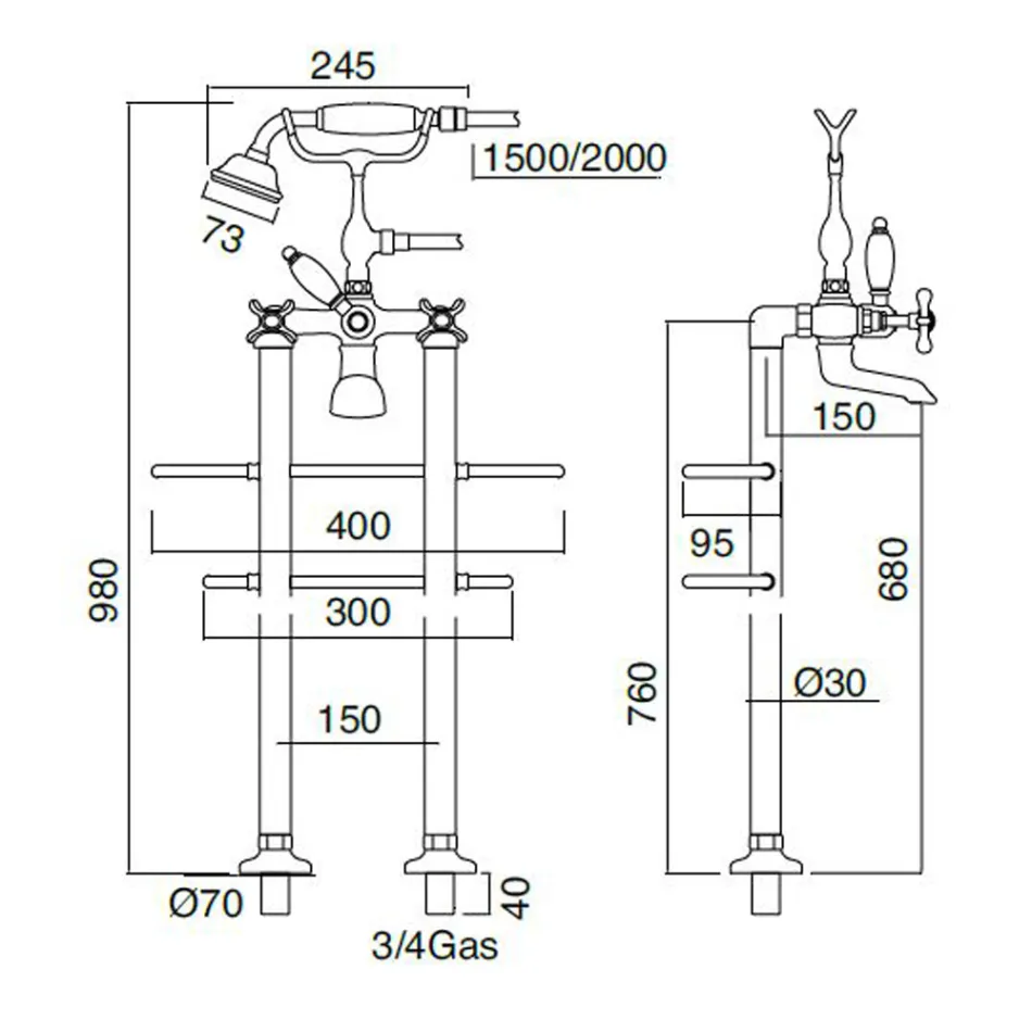 Classic Brass Golvstående badkran med handdusch - Fioretta Viadurini