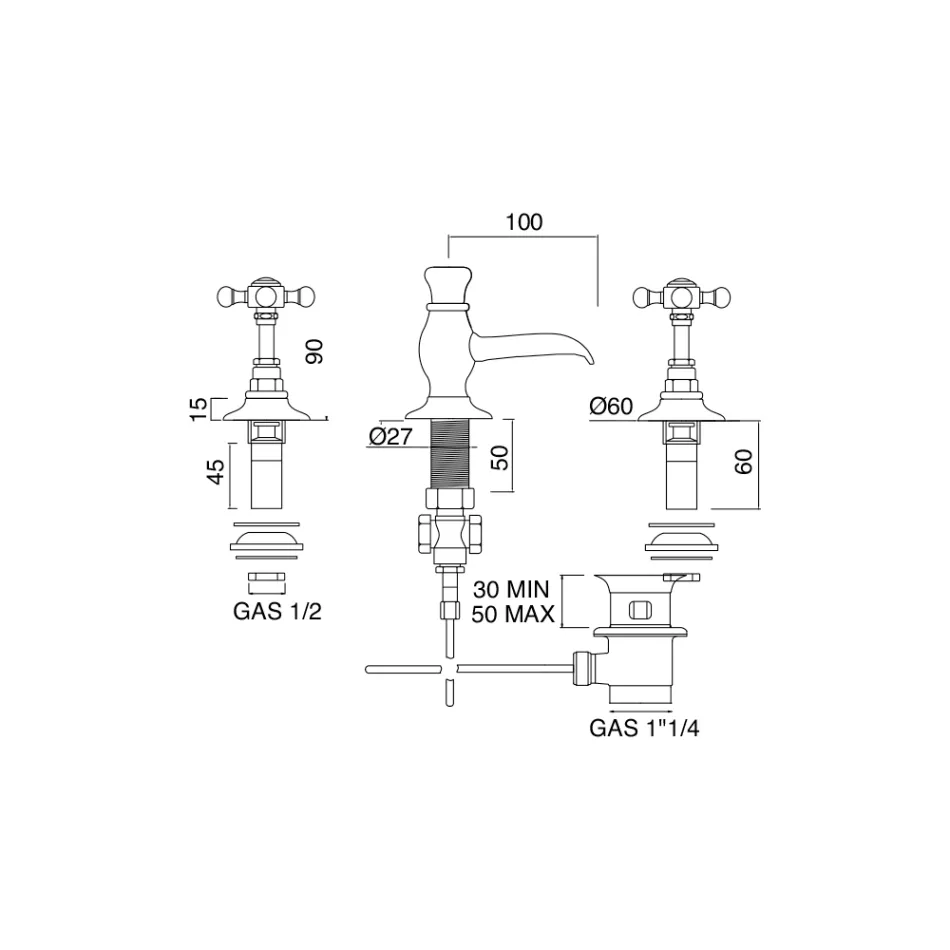 Vintage 3-håls bidétapp i mässing tillverkad i Italien - Elisea Viadurini