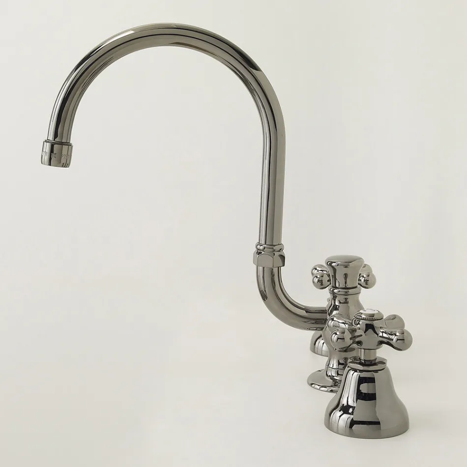 3-håls handfatskran i mässing med hög pip och avlopp - Ercolina Viadurini