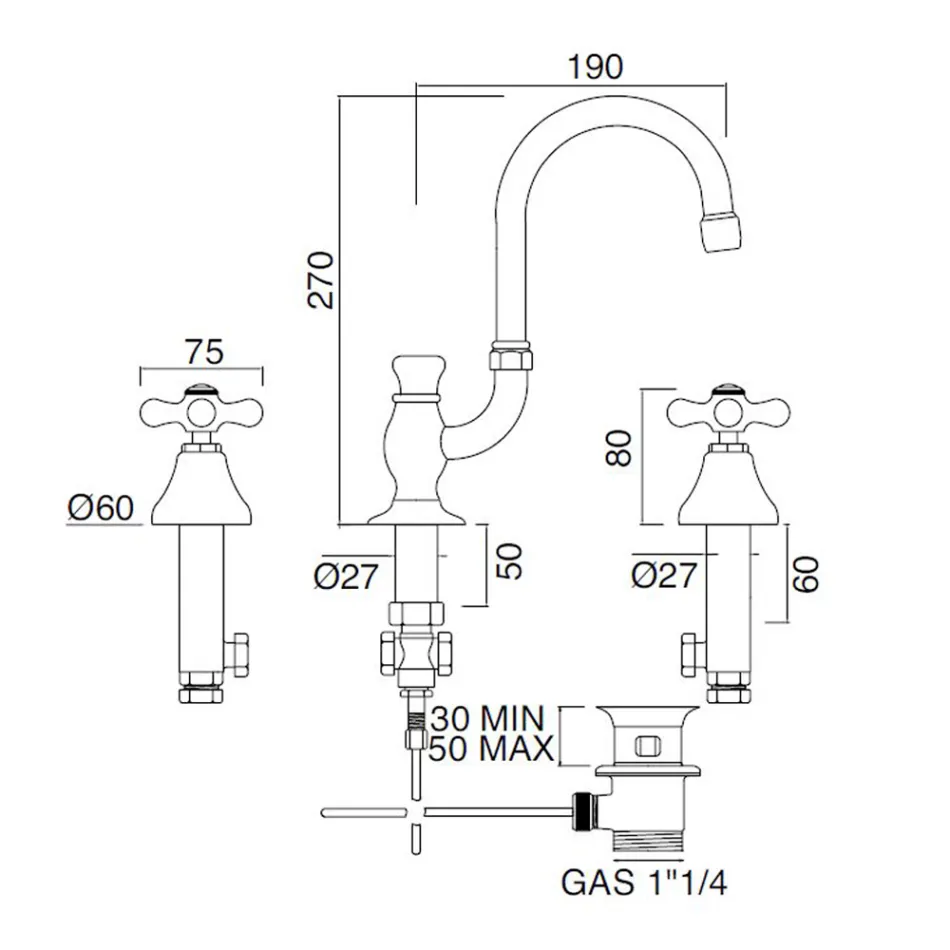 3-håls handfatskran i mässing med hög pip och avlopp - Ercolina Viadurini