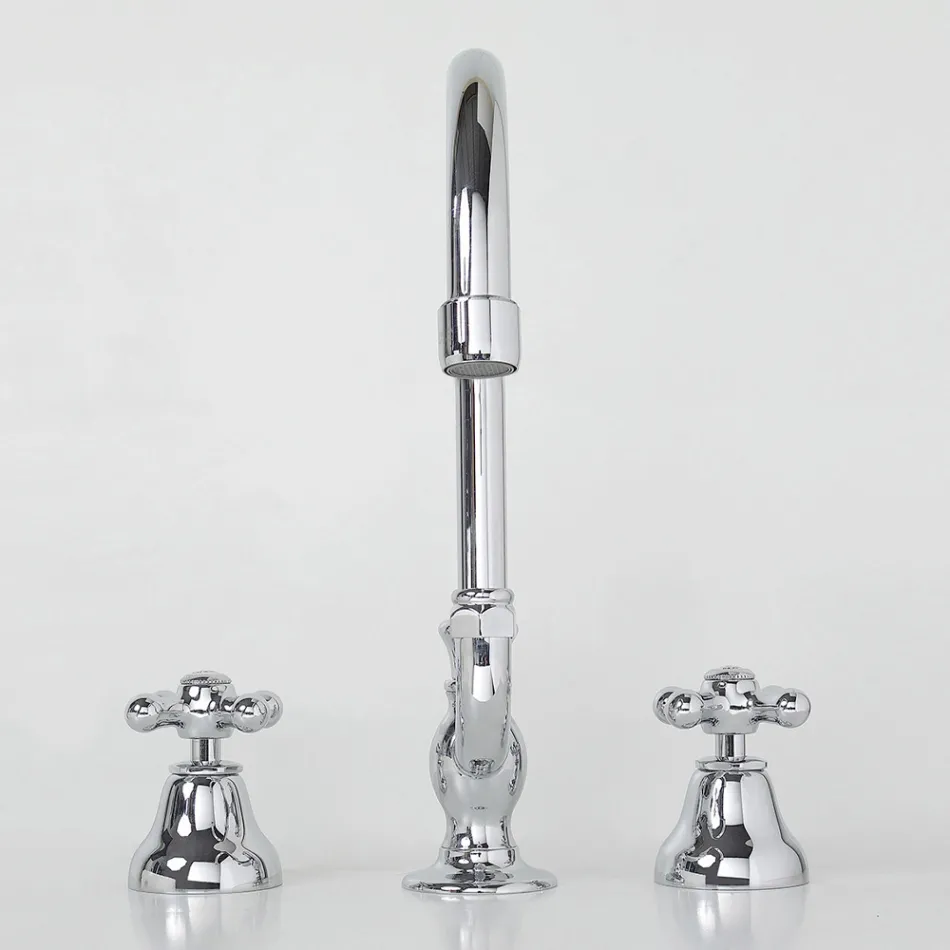 3-håls handfatskran i mässing med hög pip och avlopp - Ercolina Viadurini