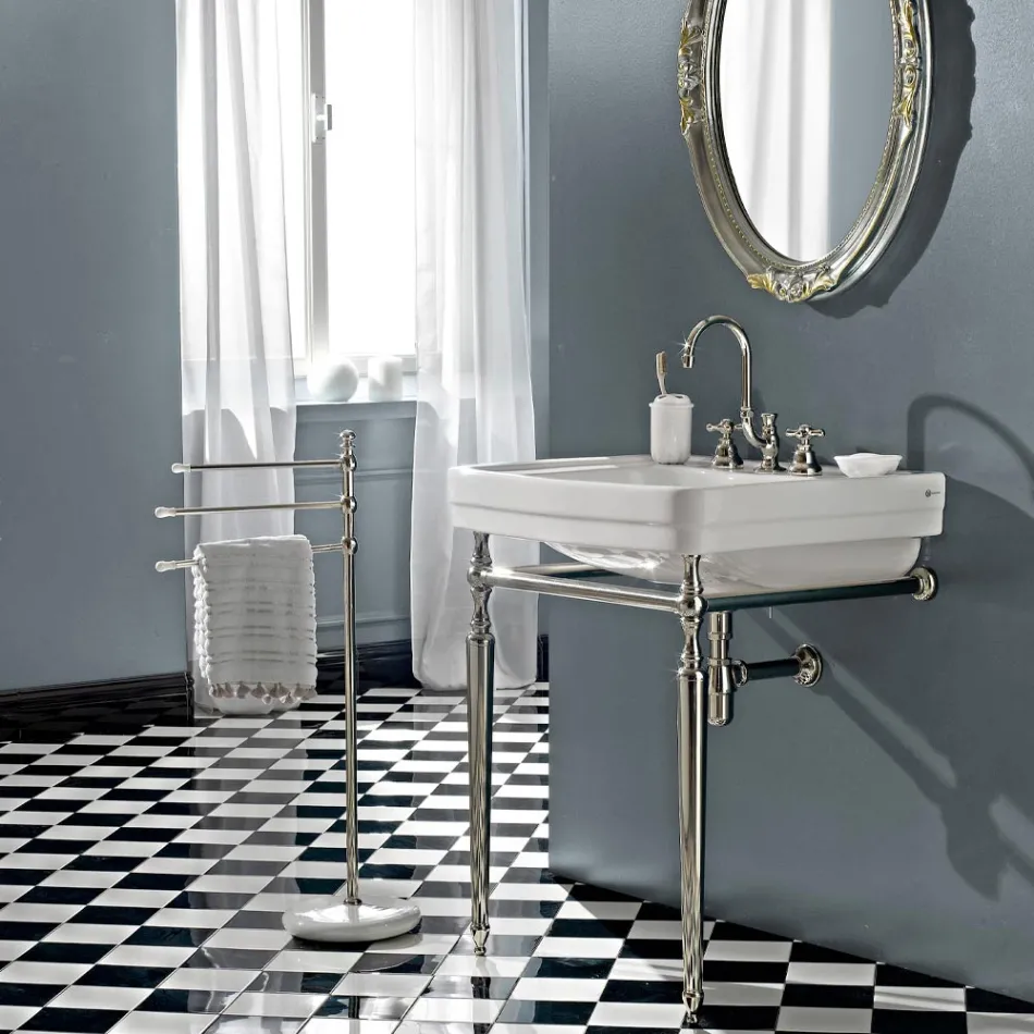 3-håls handfatskran i mässing med hög pip och avlopp - Ercolina Viadurini