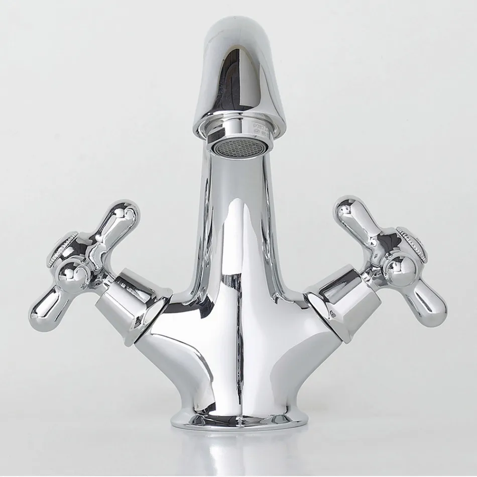 Handfatskran för badrum med ett hål i mässing med avlopp i klassisk stil - Ercolina Viadurini