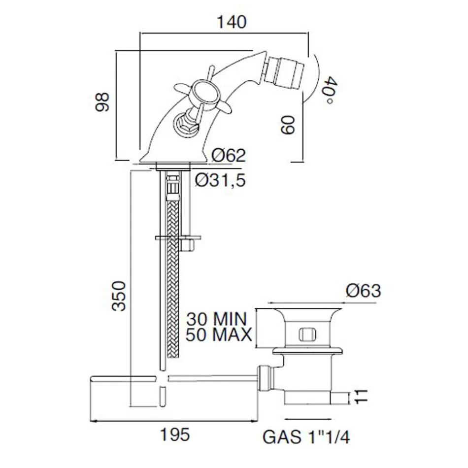 Enkelhåls klassisk bidétapp i mässing och fjärilshandtag - Miriano Viadurini