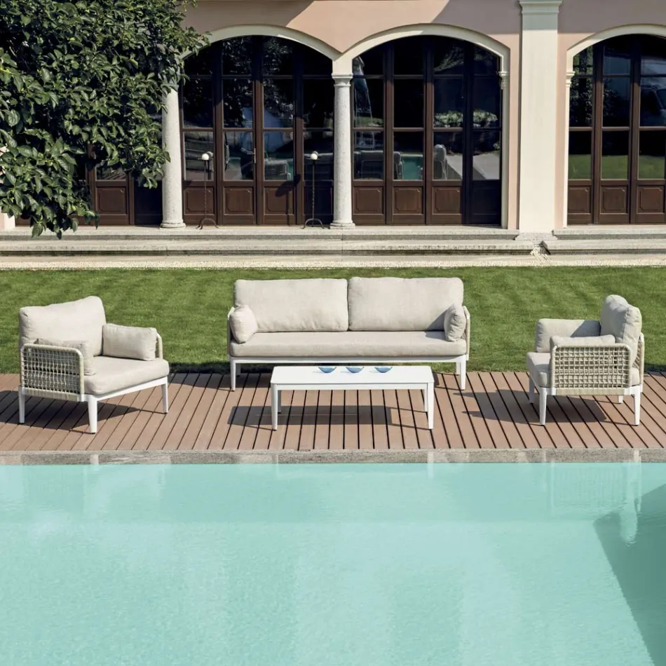 Vardagsrum bestående av 2 fåtöljer, 1 soffa och soffbord i aluminium - Symphony Viadurini