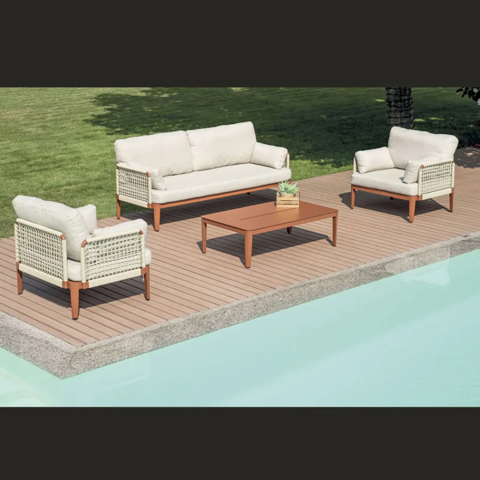 Vardagsrum bestående av 2 fåtöljer, 1 soffa och soffbord i aluminium - Symphony Viadurini