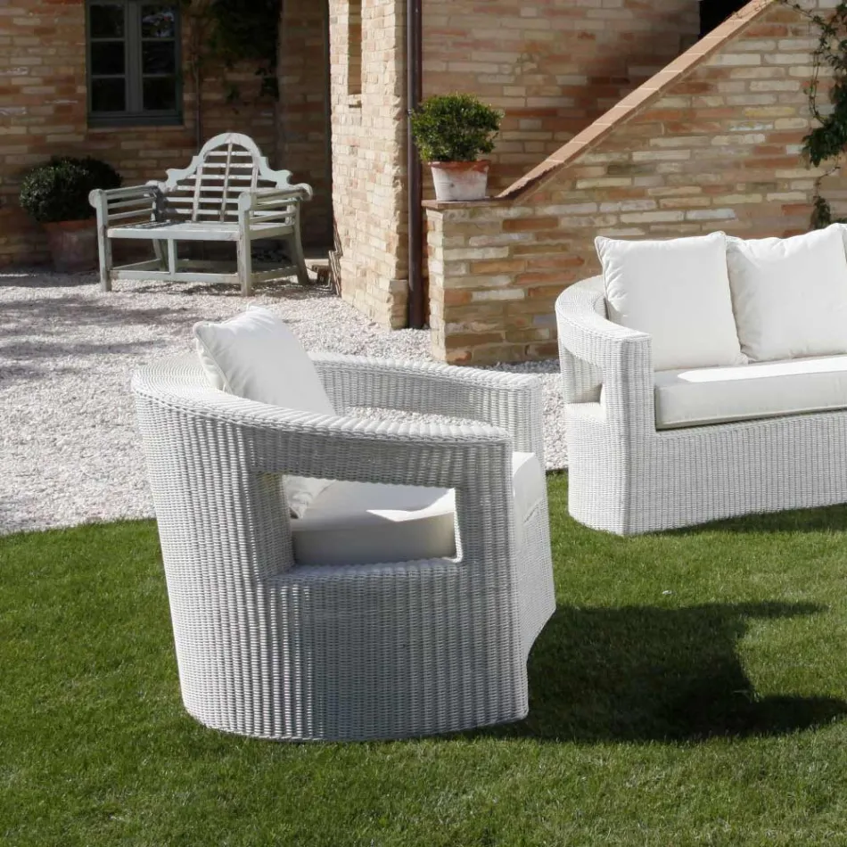 REHAU Polyrattan Utomhus Loungegrupp med Vita Kuddar - Charmix Viadurini