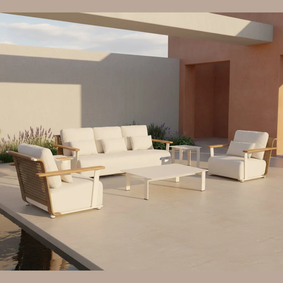 Trädgårdslounge med soffa, 2 fåtöljer och soffbord - Montorio Viadurini