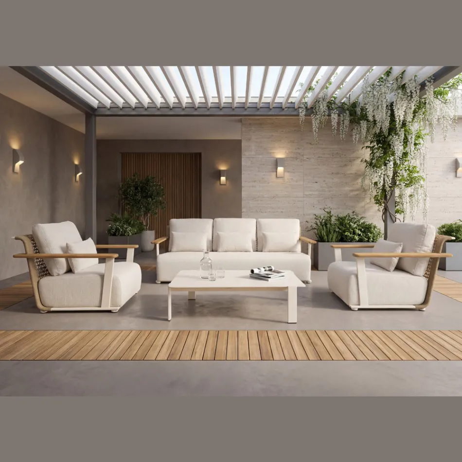 Trädgårdslounge med soffa, 2 fåtöljer och soffbord - Montorio Viadurini