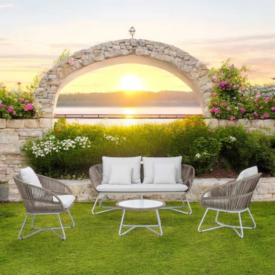 Trädgårdslounge i aluminium och repvävning - Alcor Viadurini