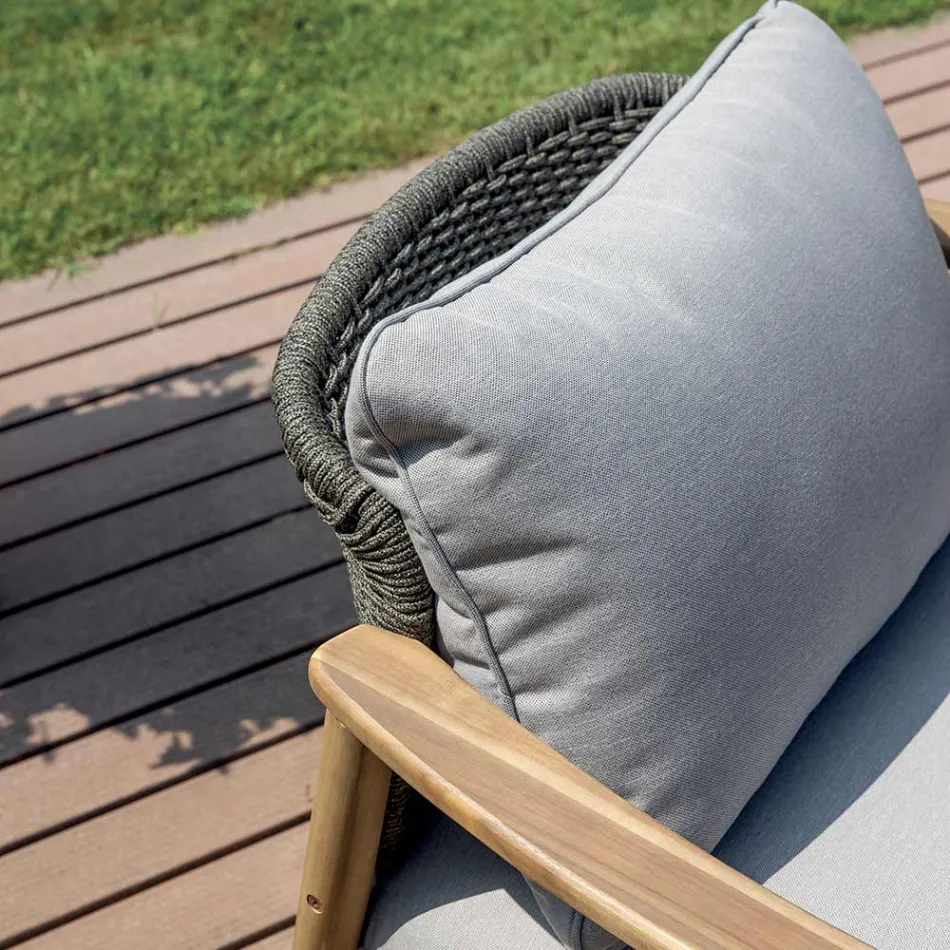 Rosira trädgårdsloungegrupp i akaciaträ med rep och grå kuddar Viadurini