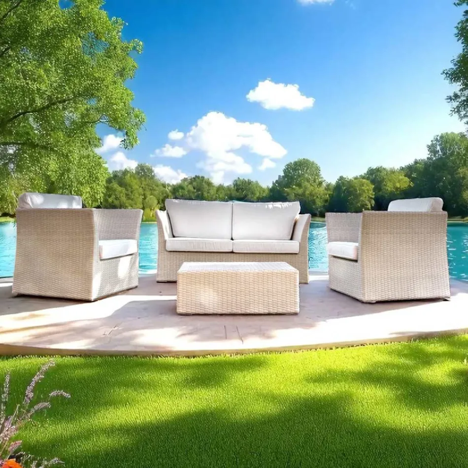REHAU Polyrattan Garden Lounge Set och Vita Kuddar - Pepe Viadurini