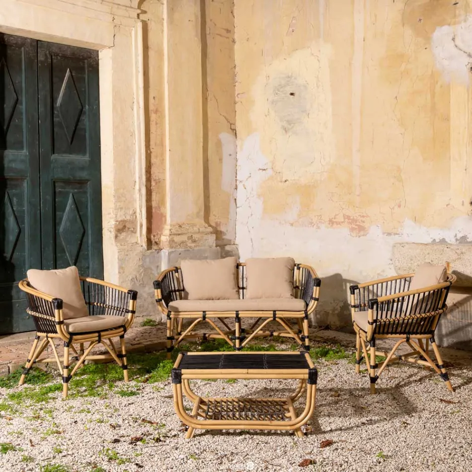 Trädgårdsloungeset i naturrotting med dynor ingår - Catelyn Viadurini