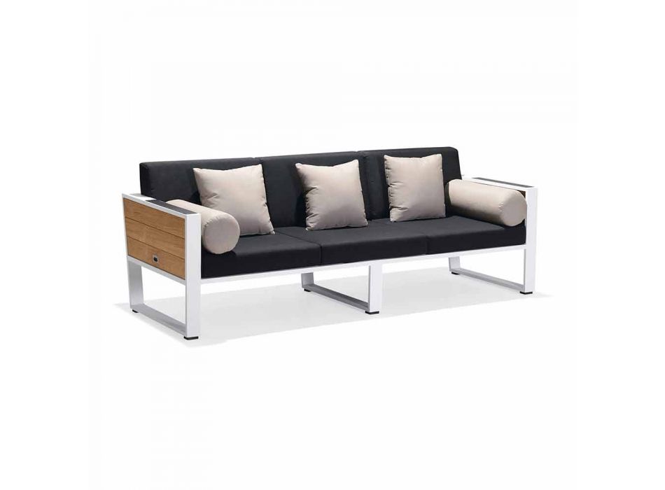 Uteservering 3-sits soffa i aluminium och teak, 2 fåtöljer och soffbord - Hatice Viadurini