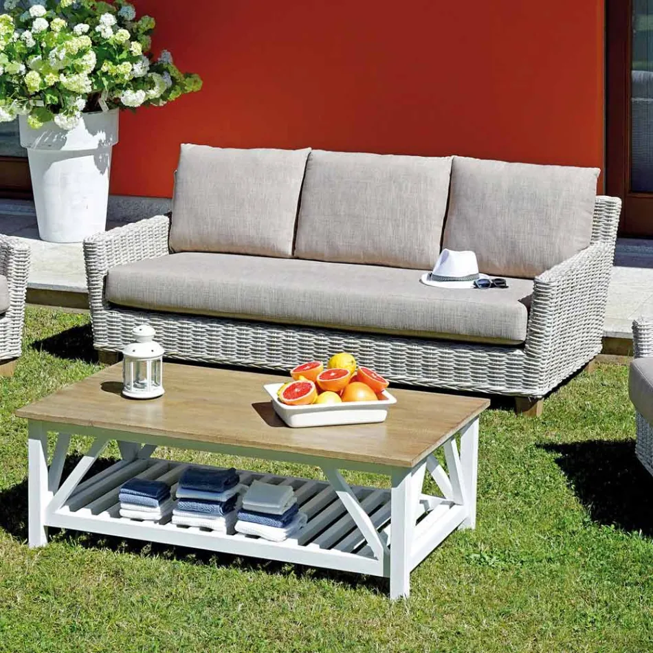 Outdoor Lounge med mangoträ soffbord och polycotton kuddar - Orlando Viadurini