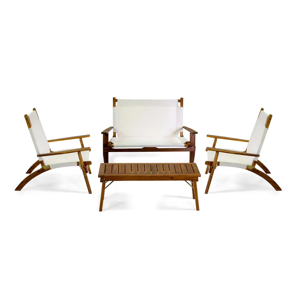 Vardagsrum i oljat akaciaträ naturfärg och tyg - Bottega Viadurini