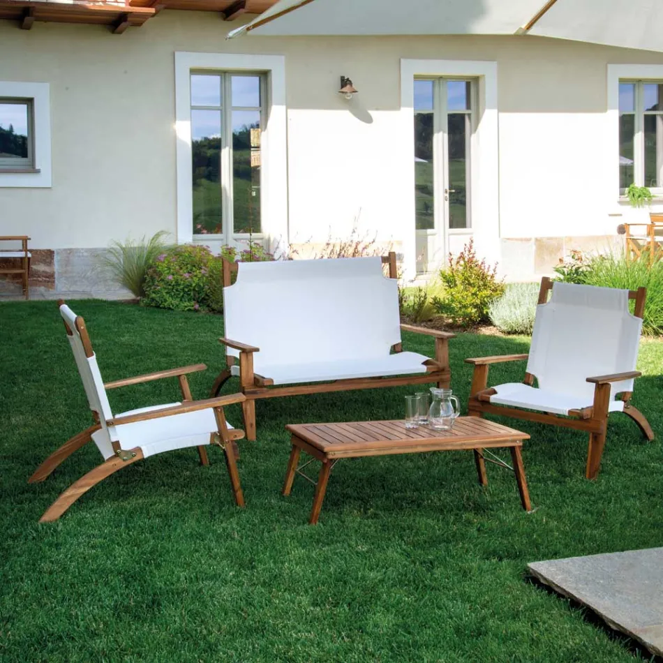 Vardagsrum i oljat akaciaträ naturfärg och tyg - Bottega Viadurini