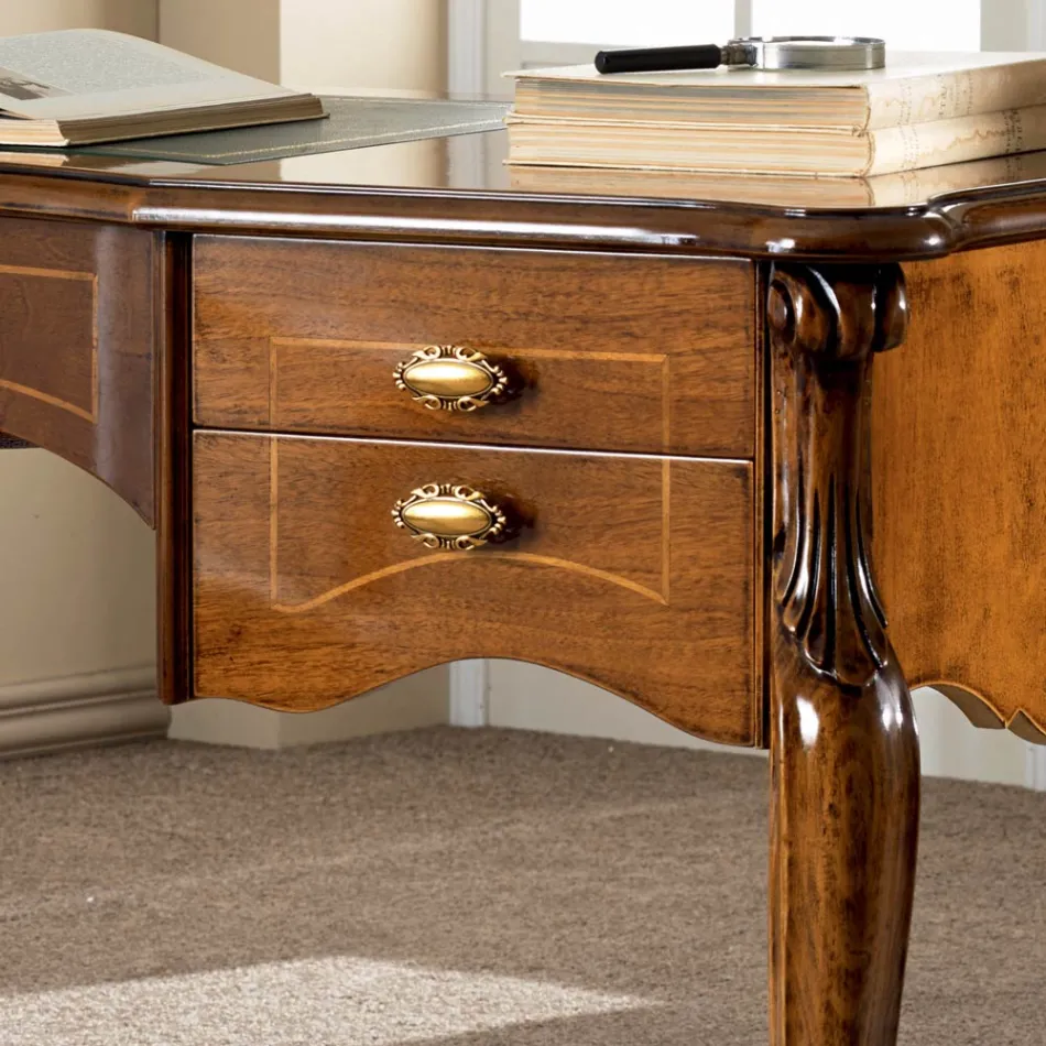 Klassiskt skrivbord 5 lådor i trä och ekologiskt läder Tillverkat i Italien - Commodo Viadurini