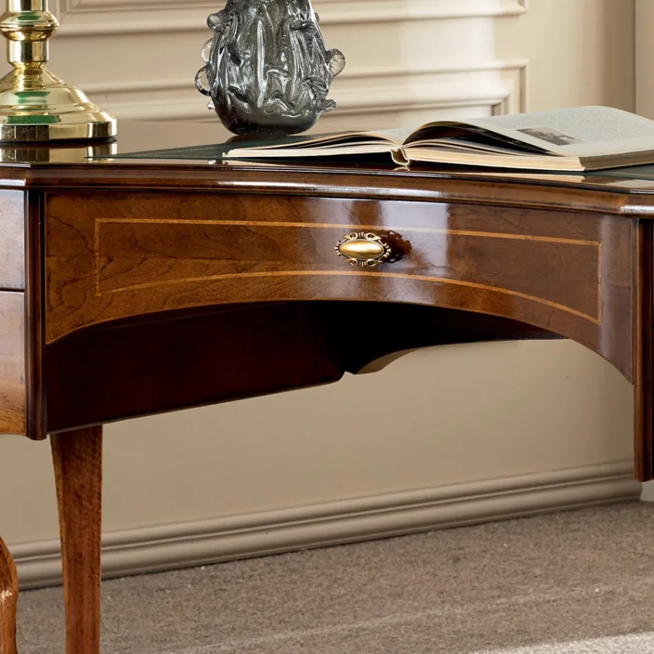 Klassiskt skrivbord 5 lådor i trä och ekologiskt läder Tillverkat i Italien - Commodo Viadurini