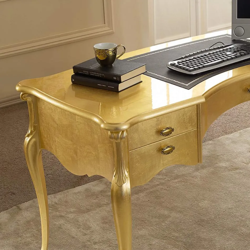 Klassiskt skrivbord 5 lådor i trä och ekologiskt läder Tillverkat i Italien - Commodo Viadurini