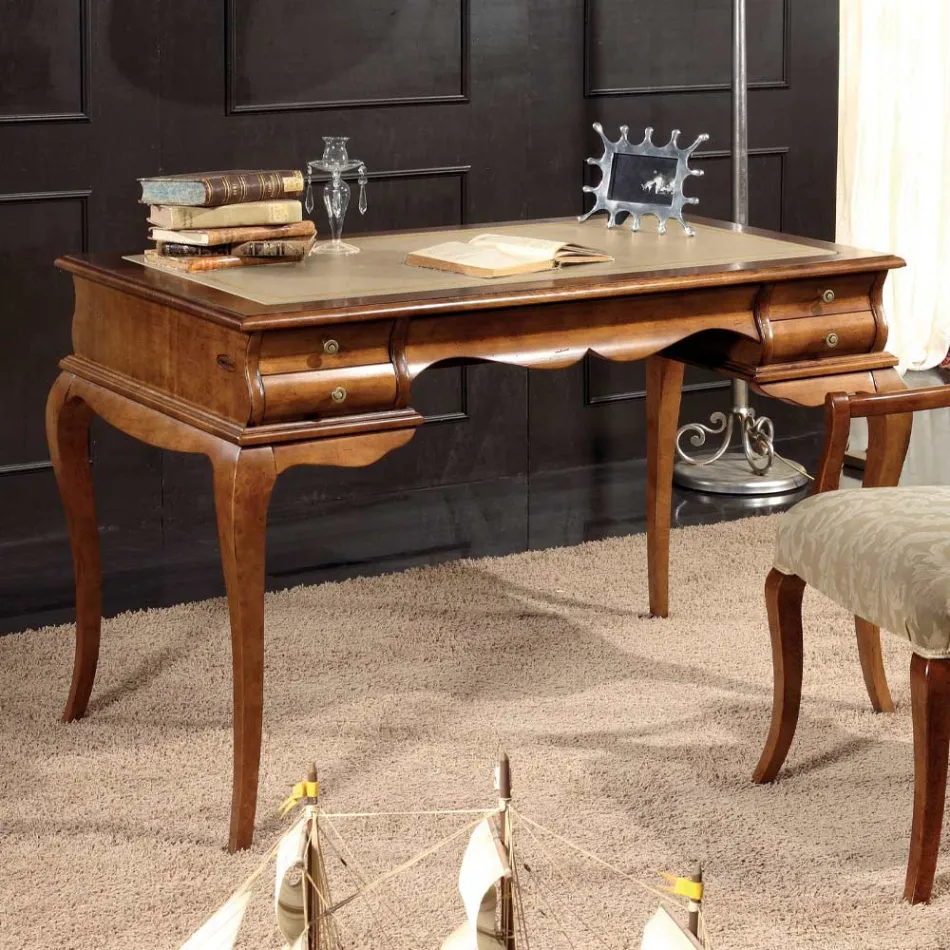 Skrivbord med 5 lådor valnötsträ och ekologiskt läder Tillverkat i Italien - Hastings Viadurini