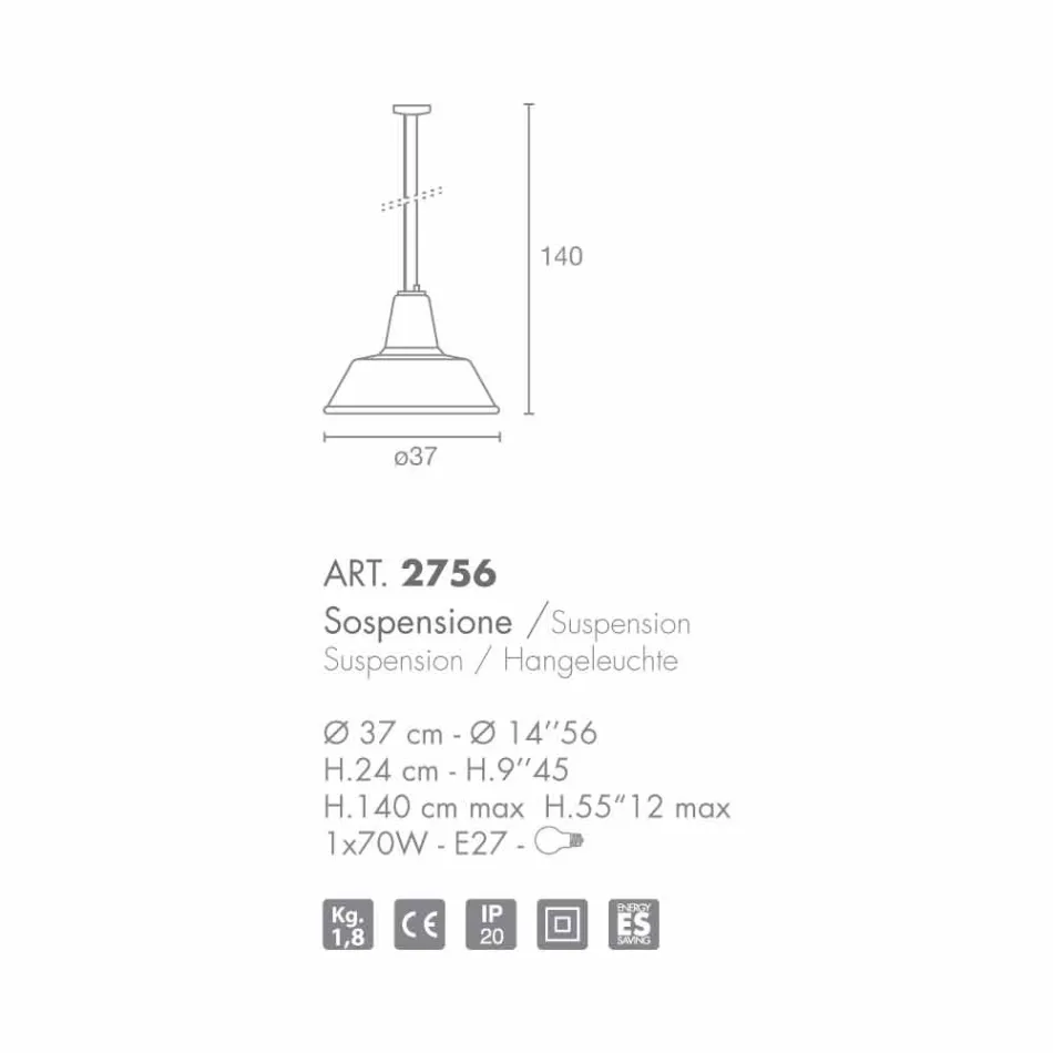 Selene Lampara suspension lampa blåst O37 H 24/140 cm glas Viadurini