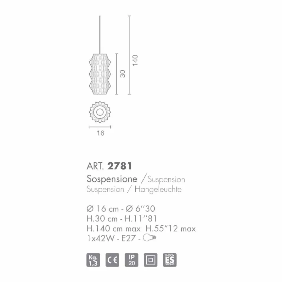 Selene Origami taklampa blåst glas Ø16 H 30 / 140cm Viadurini