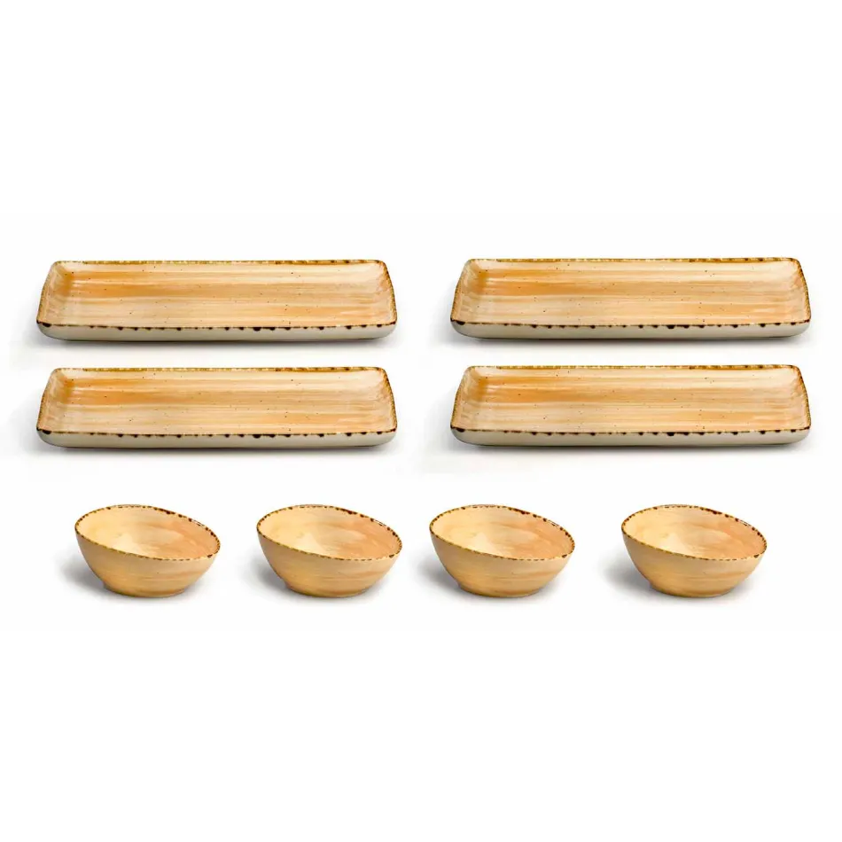 Uppsättning av 8 moderna rektangulära designplattor och färgad stengodsskål - Simba Viadurini