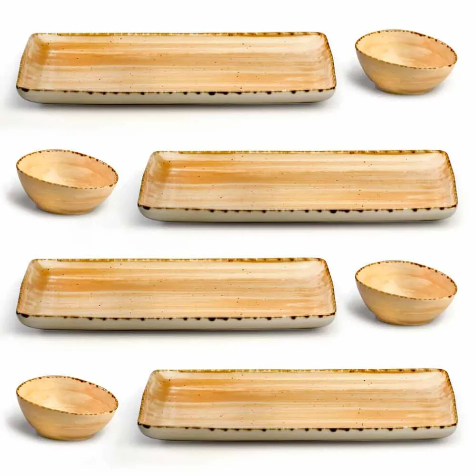 Uppsättning av 8 moderna rektangulära designplattor och färgad stengodsskål - Simba Viadurini