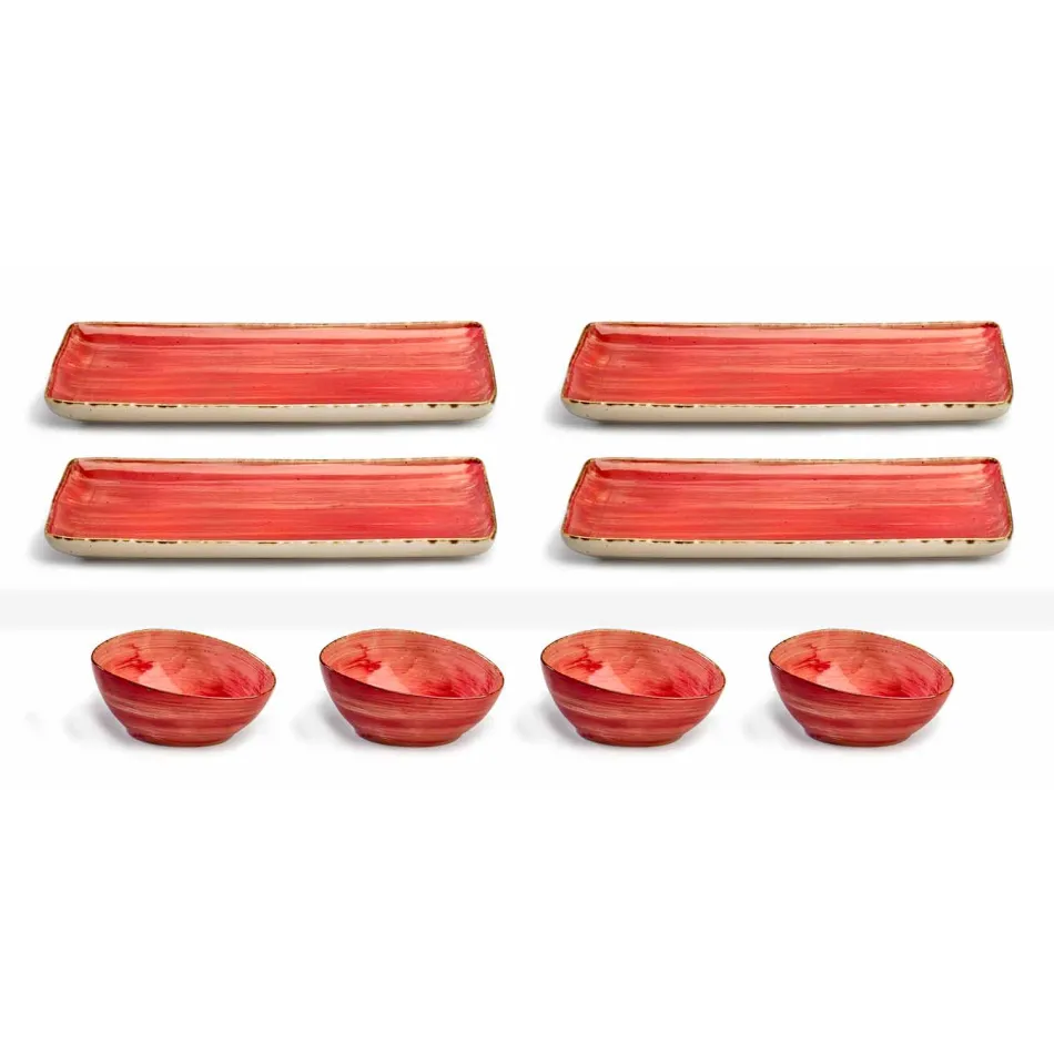 Uppsättning av 8 moderna rektangulära designplattor och färgad stengodsskål - Simba Viadurini